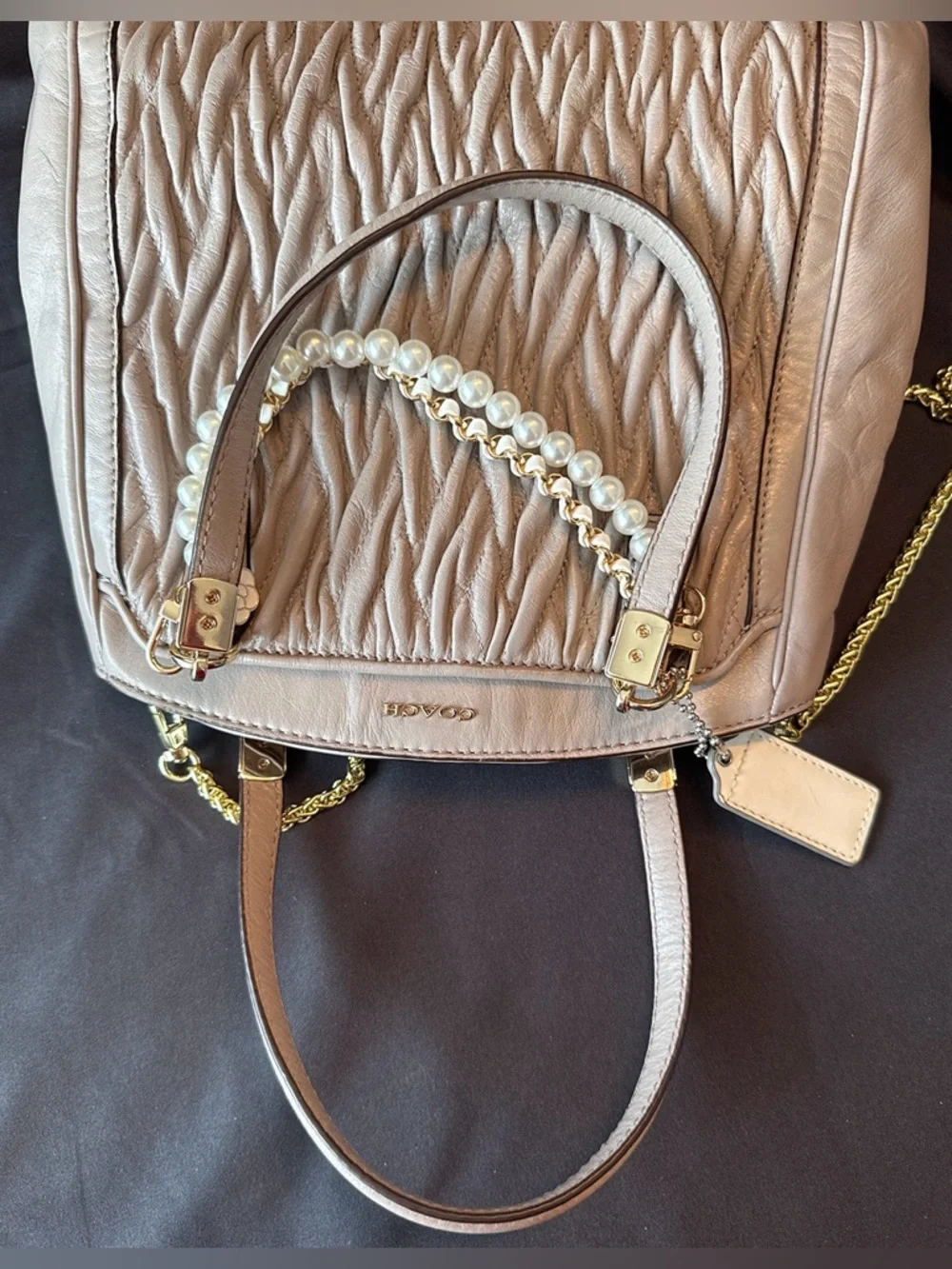 COACH Madison Madeline Taupe Ruched Leather Crossbody Bag with Gold Color Chain - Picture 7 of 12